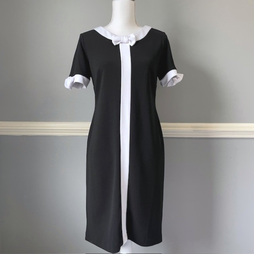 Black White Bow Shift Dress Women's Size 6 French Girl Coquette Modern Preppy